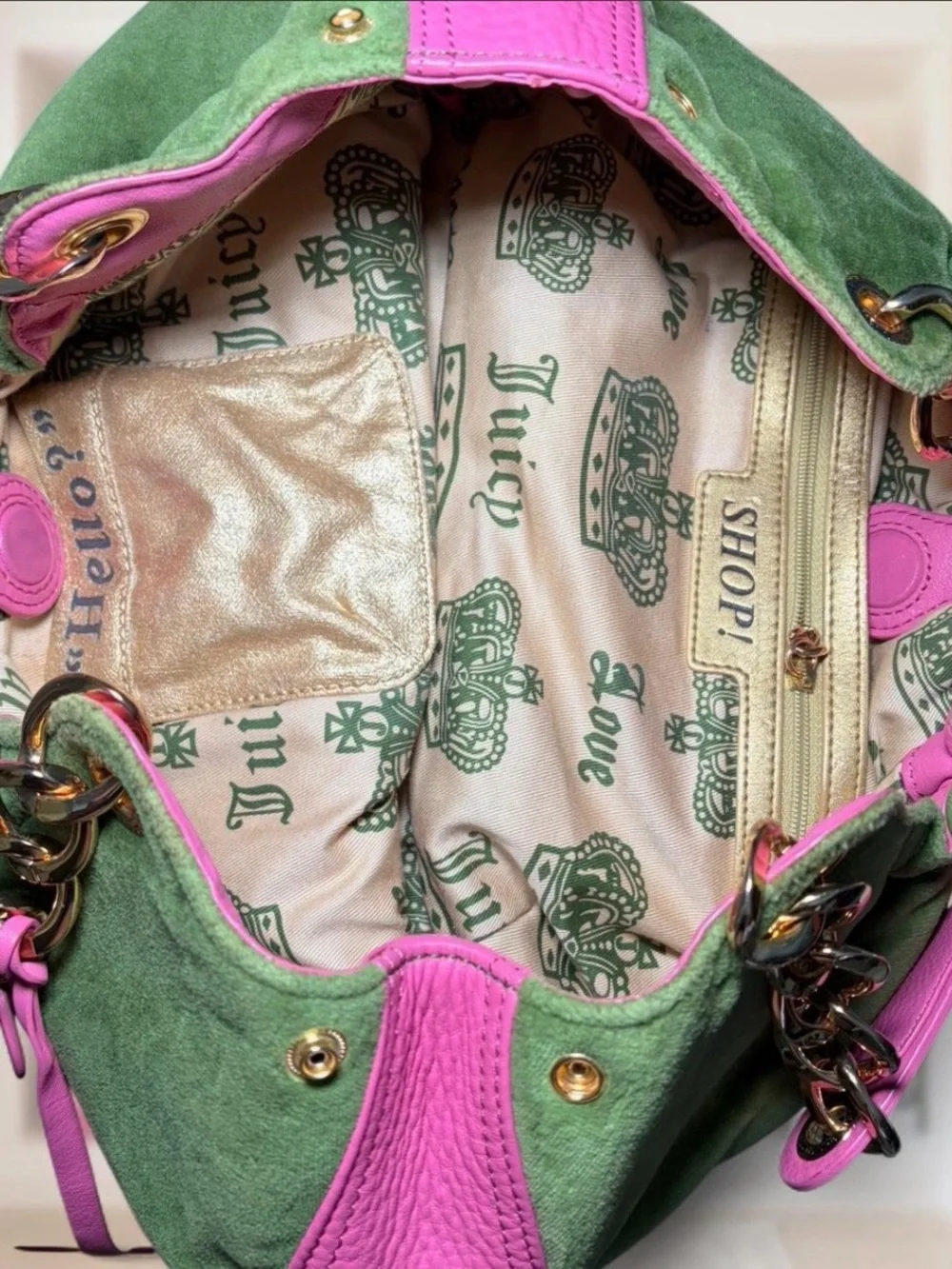 Juicy Couture Olive Green Suede Shoulder Bag with Pink Trim